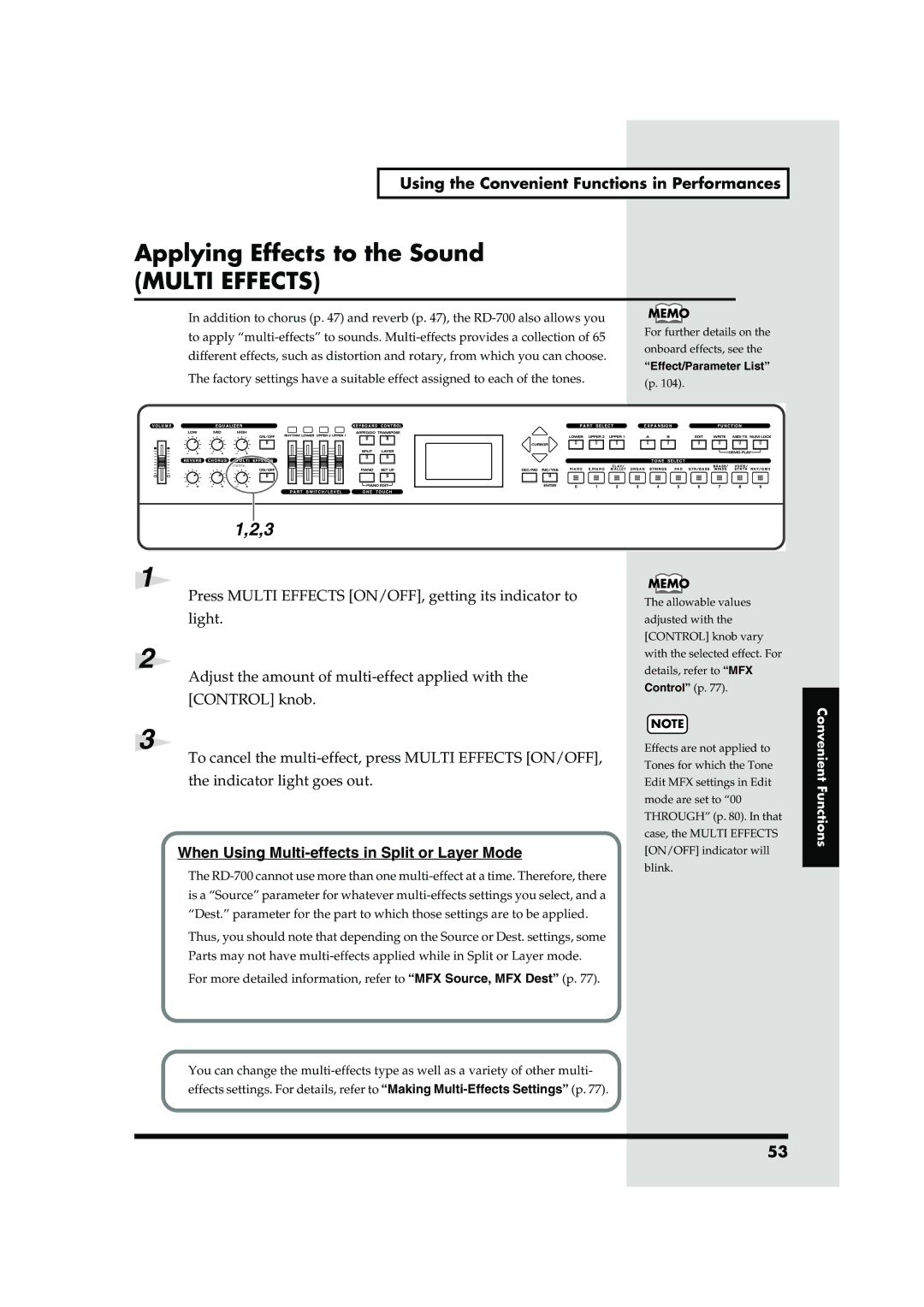 Roland RD-700 Applying Effects to the Sound, When Using Multi-effects in Split or Layer Mode, Effect/Parameter List 