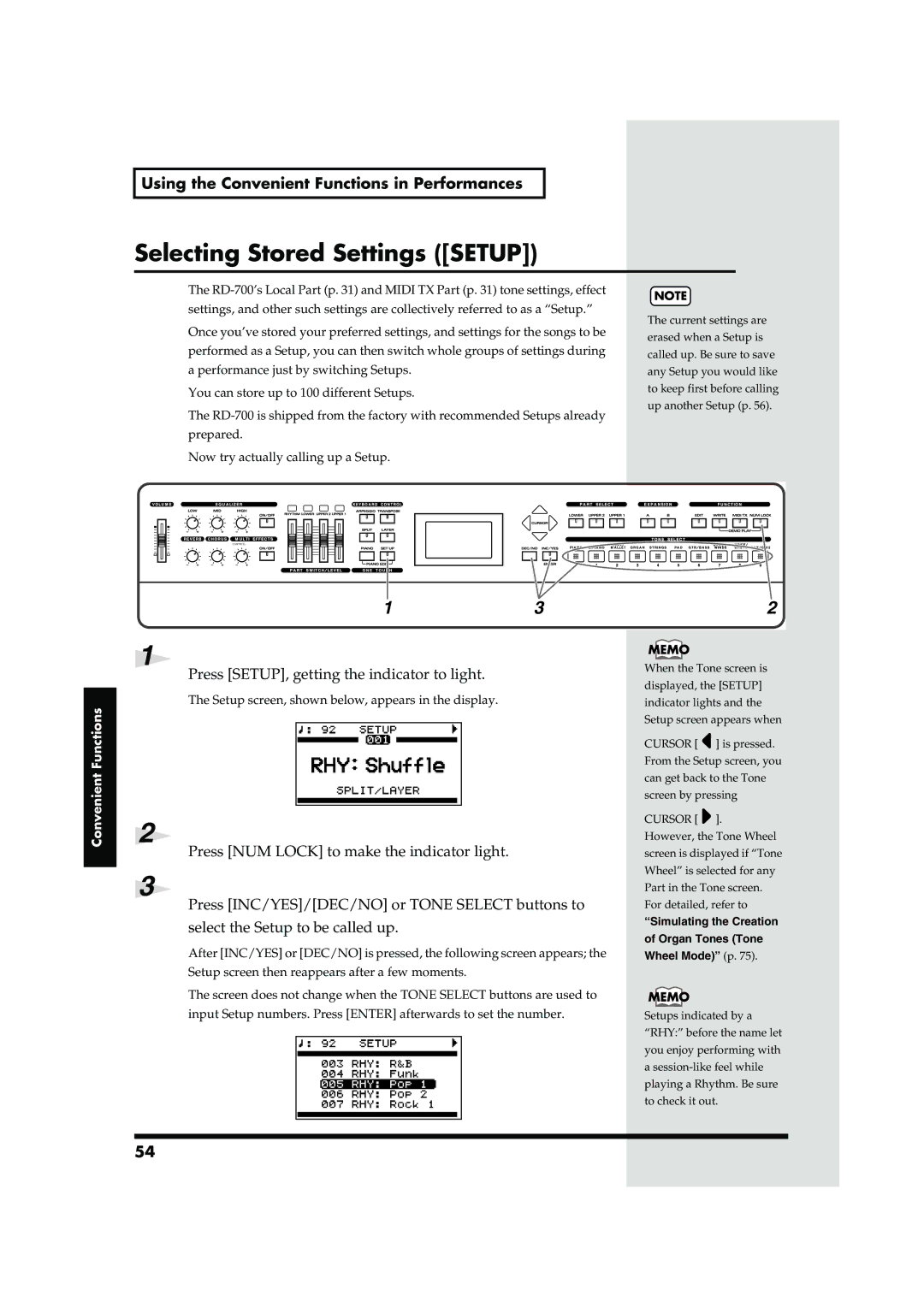 Roland RD-700 owner manual Selecting Stored Settings Setup, Press SETUP, getting the indicator to light 