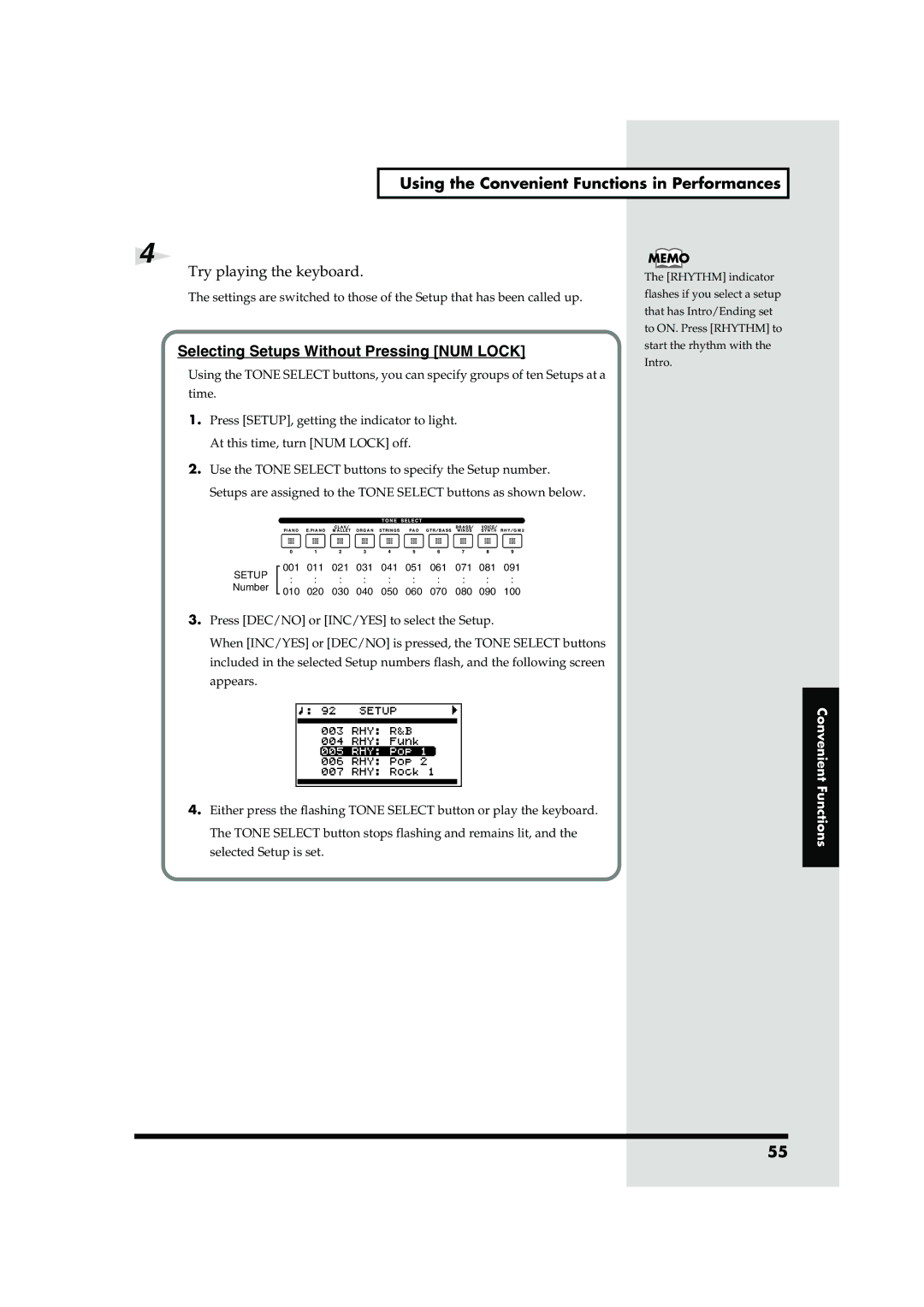 Roland RD-700 owner manual Try playing the keyboard, Selecting Setups Without Pressing NUM Lock 