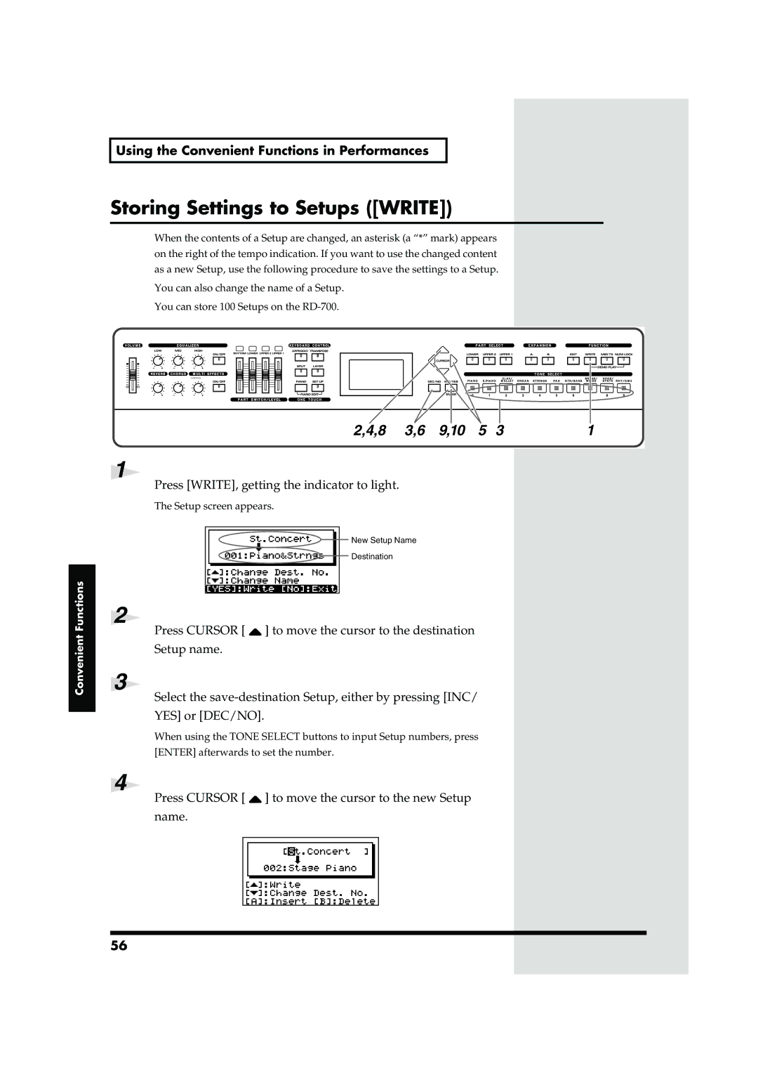 Roland RD-700 owner manual Storing Settings to Setups Write, Press WRITE, getting the indicator to light 