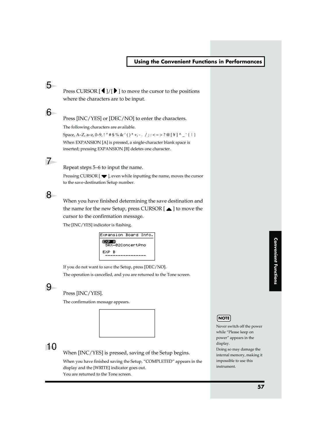 Roland RD-700 owner manual Repeat steps 5-6 to input the name, When INC/YES is pressed, saving of the Setup begins 