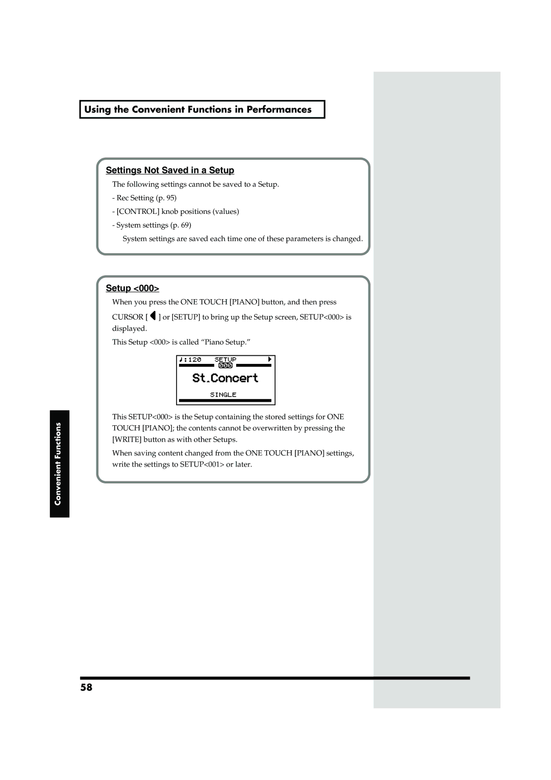 Roland RD-700 owner manual Settings Not Saved in a Setup 