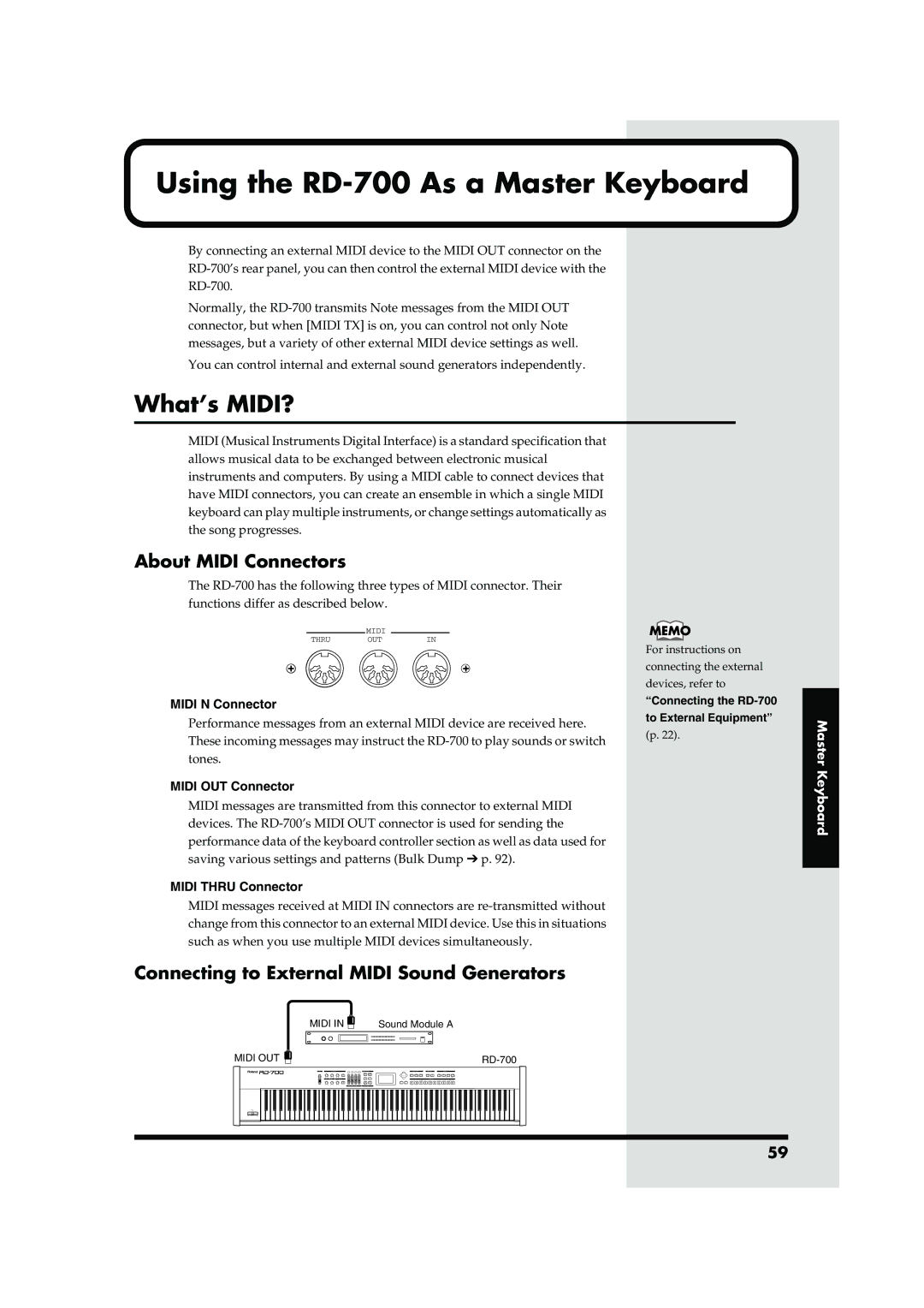 Roland RD-700 owner manual What’s MIDI?, About Midi Connectors, Connecting to External Midi Sound Generators 