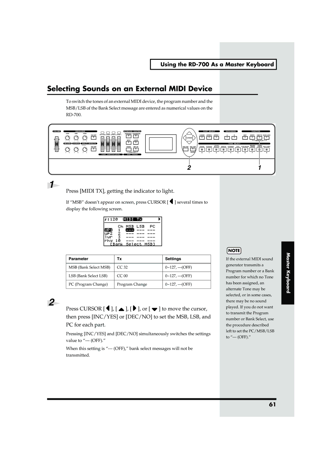 Roland RD-700 owner manual Selecting Sounds on an External Midi Device, Parameter Settings 