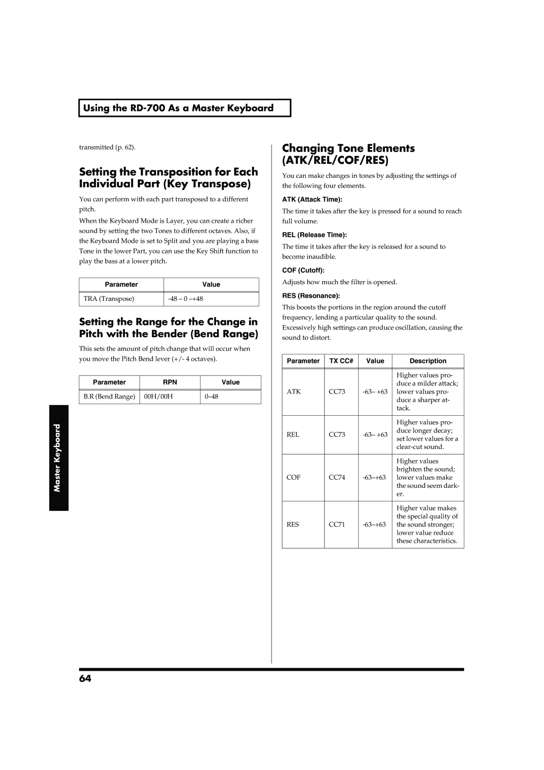 Roland RD-700 owner manual Changing Tone Elements, Setting the Transposition for Each, Individual Part Key Transpose 