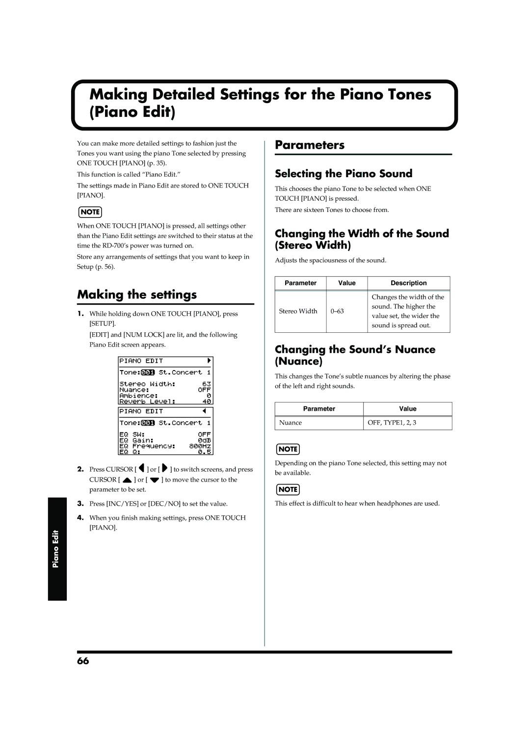 Roland RD-700 Making the settings, Parameters, Selecting the Piano Sound, Changing the Width of the Sound Stereo Width 