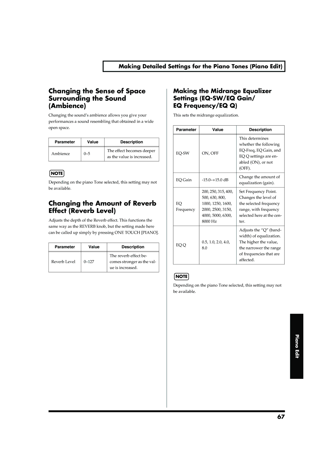 Roland RD-700 owner manual Changing the Sense of Space Surrounding the Sound Ambience, Eq-Sw On, Off, Eq Q 
