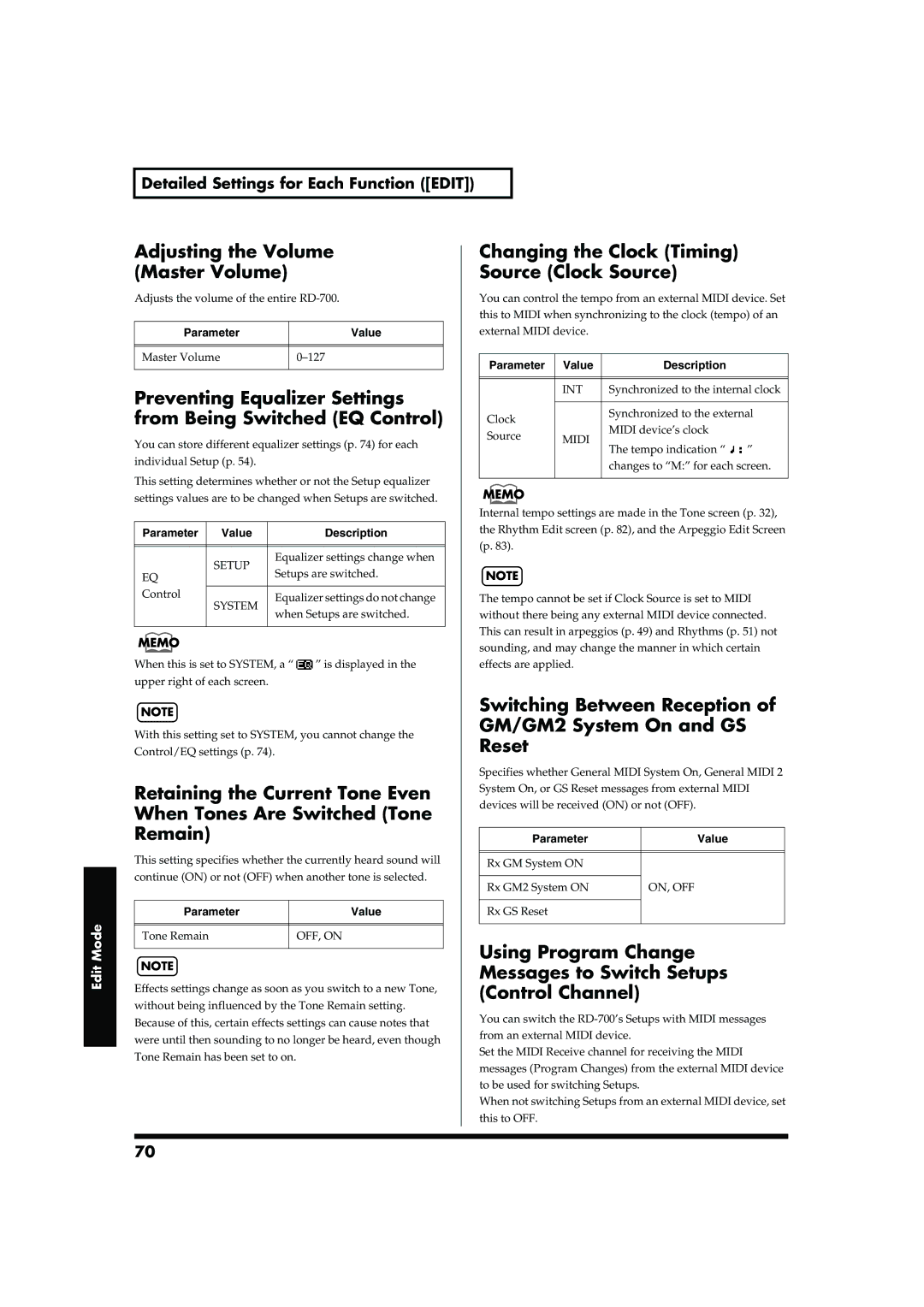 Roland RD-700 owner manual Adjusting the Volume Master Volume, Changing the Clock Timing Source Clock Source 