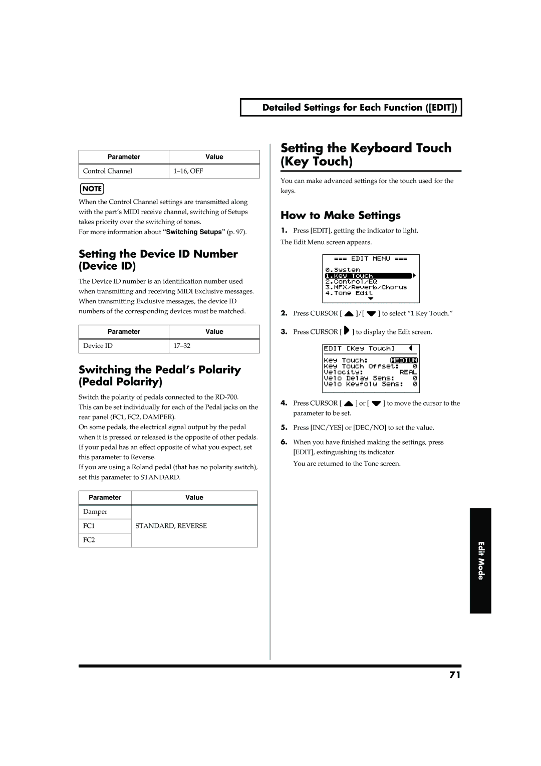 Roland RD-700 owner manual Setting the Keyboard Touch, Key Touch, Setting the Device ID Number 