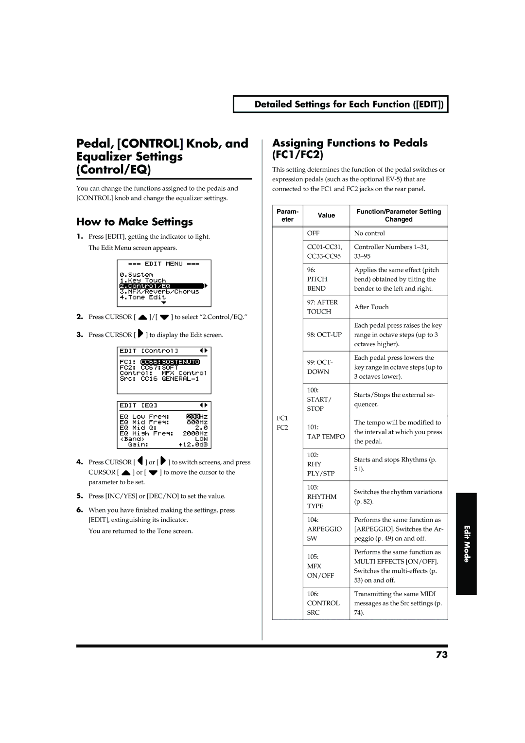 Roland RD-700 owner manual Pedal, Control Knob, and Equalizer Settings Control/EQ, Assigning Functions to Pedals FC1/FC2 