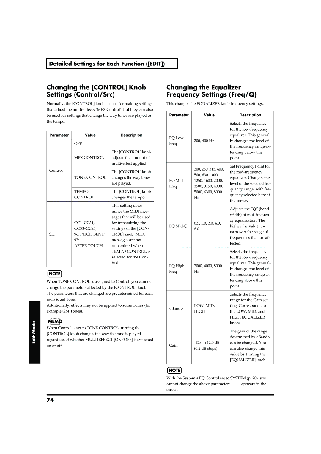 Roland RD-700 owner manual Changing the Control Knob Settings Control/Src, Changing the Equalizer Frequency Settings Freq/Q 