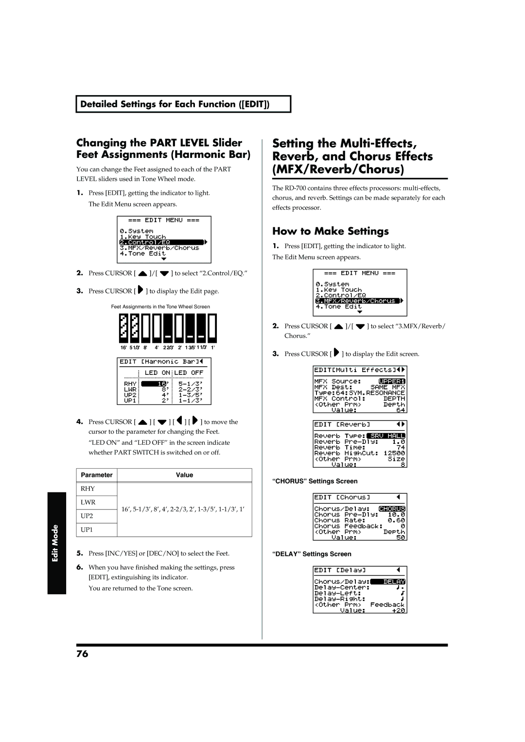 Roland RD-700 owner manual Rhy Lwr, UP2 UP1, Chorus Settings Screen, Delay Settings Screen 