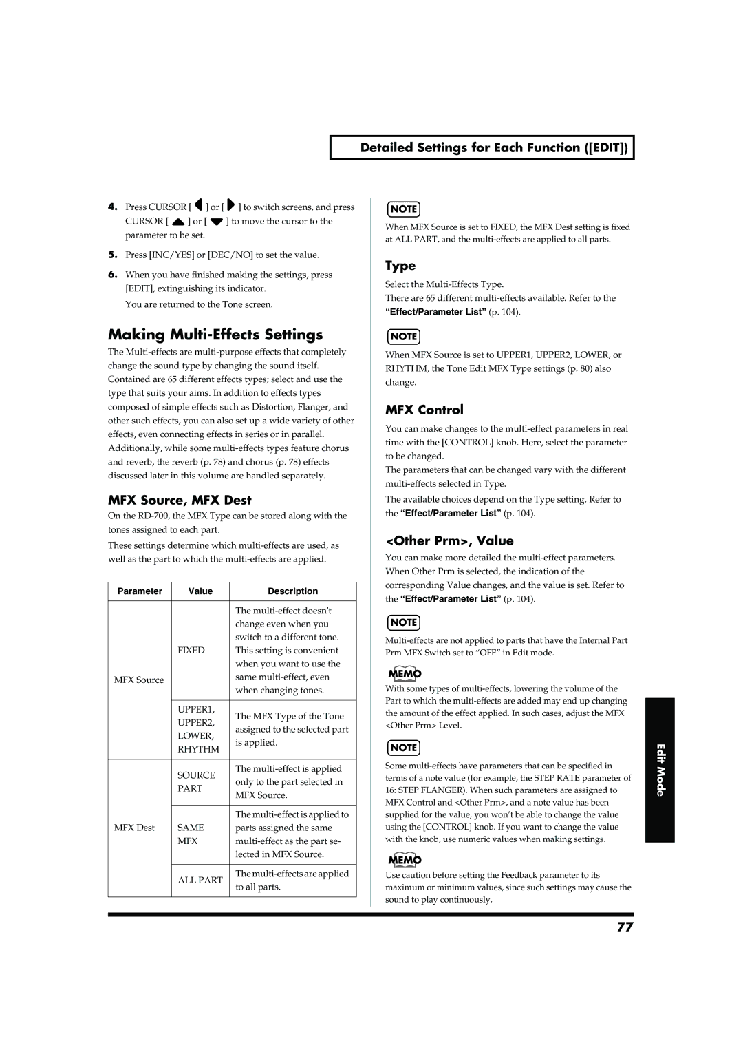 Roland RD-700 owner manual Making Multi-Effects Settings, MFX Source, MFX Dest, Type, MFX Control, Other Prm, Value 