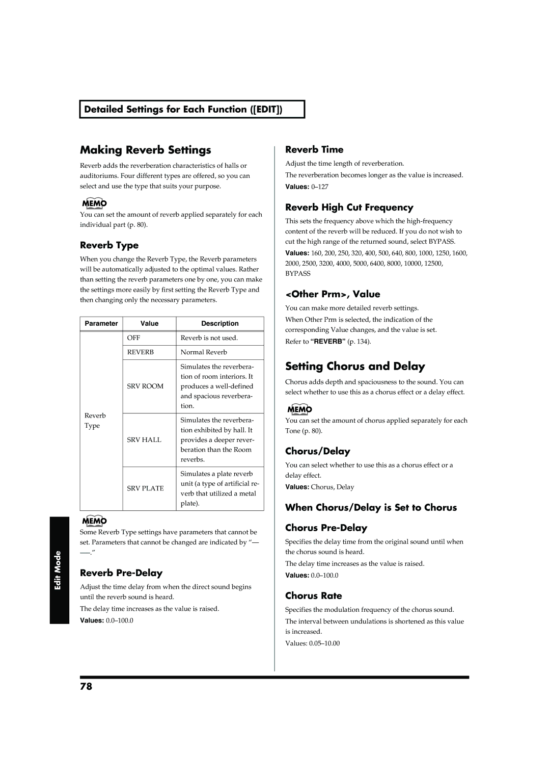 Roland RD-700 owner manual Making Reverb Settings, Setting Chorus and Delay 