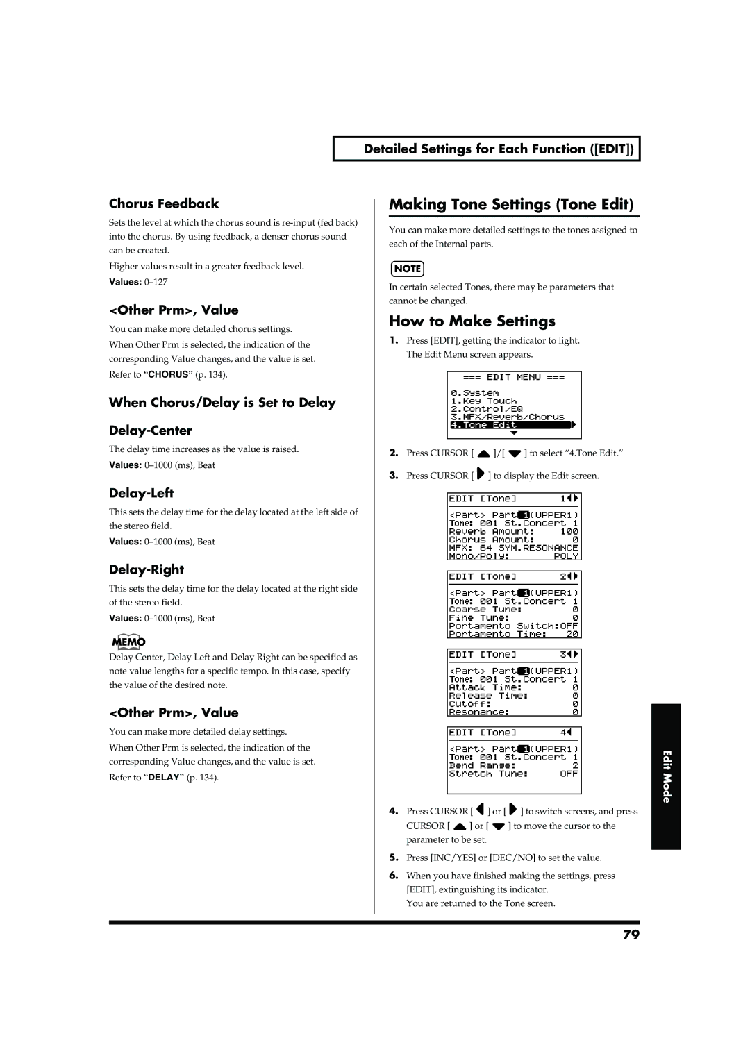 Roland RD-700 Making Tone Settings Tone Edit, Detailed Settings for Each Function Edit Chorus Feedback, Delay-Left 