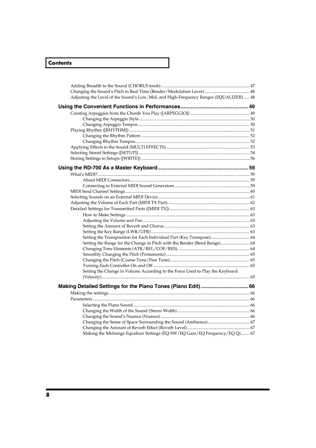 Roland owner manual Contents, Using the Convenient Functions in Performances, Using the RD-700 As a Master Keyboard 