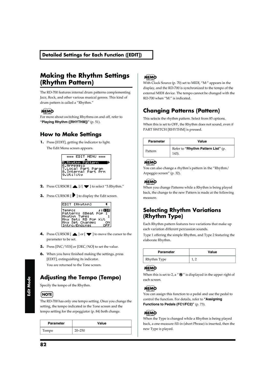 Roland RD-700 Making the Rhythm Settings Rhythm Pattern, Changing Patterns Pattern, Selecting Rhythm Variations 