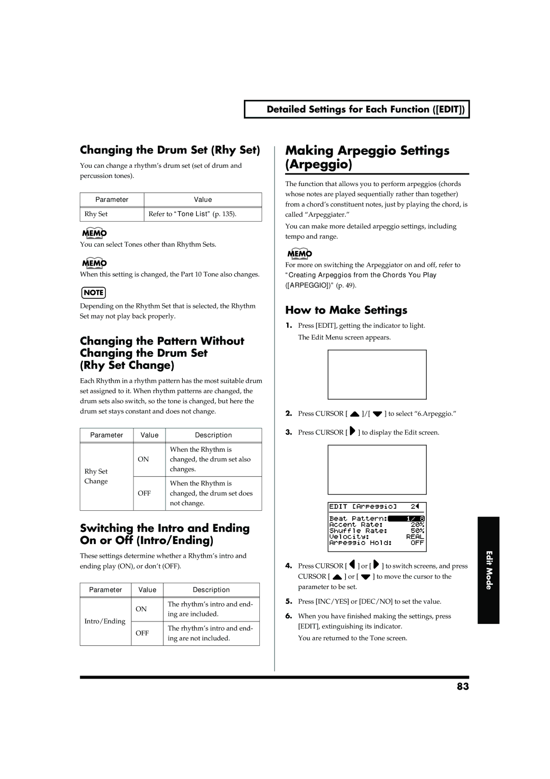 Roland RD-700 owner manual Making Arpeggio Settings Arpeggio, Changing the Drum Set Rhy Set 