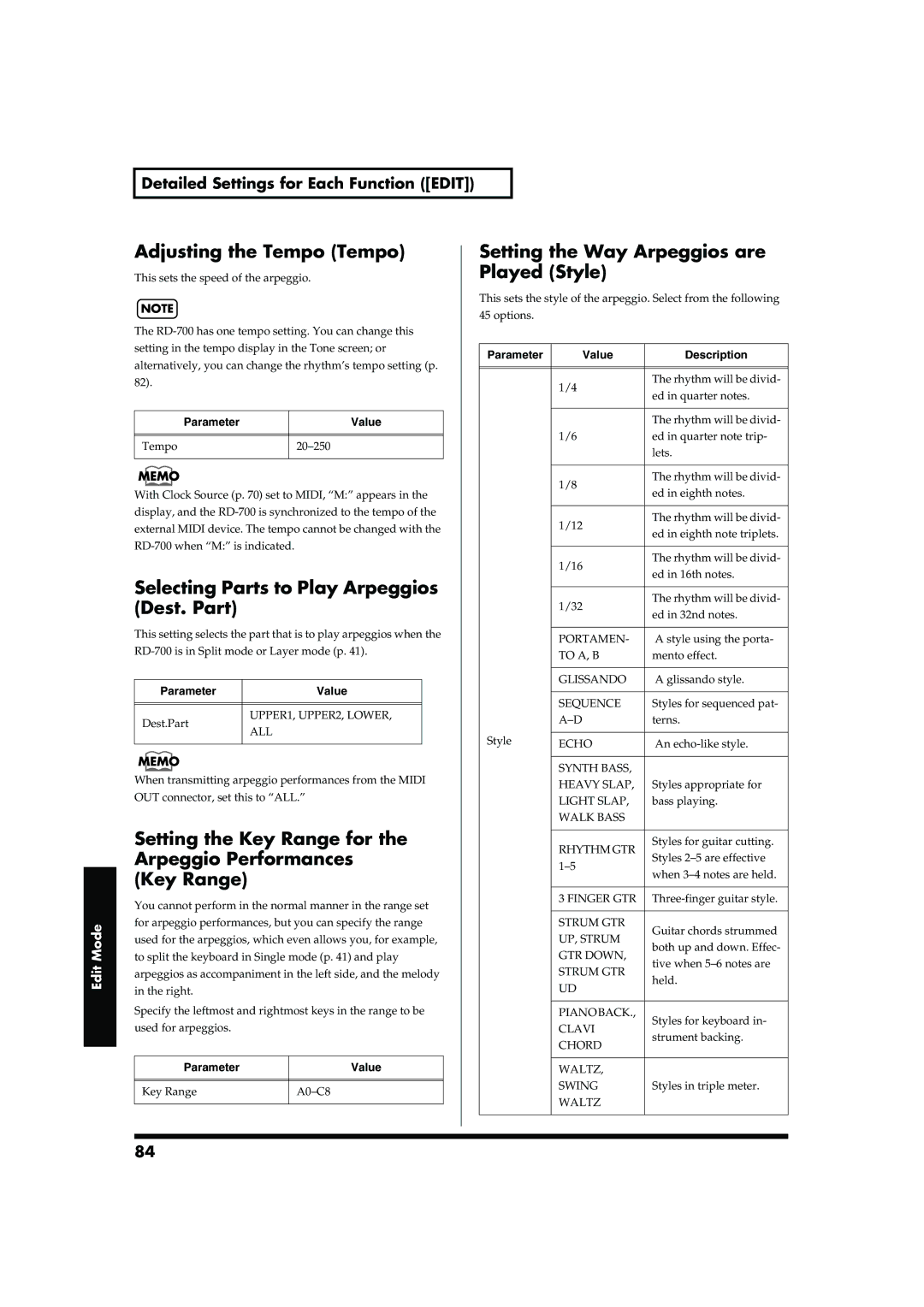 Roland RD-700 owner manual Selecting Parts to Play Arpeggios Dest. Part, Setting the Way Arpeggios are Played Style 