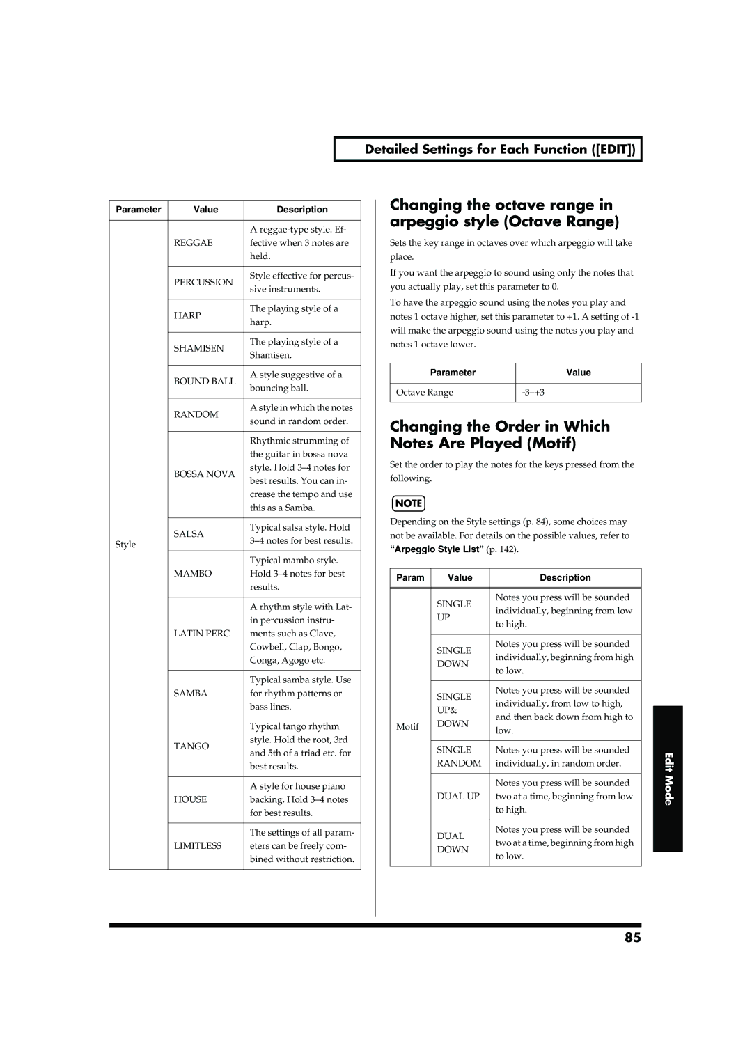 Roland RD-700 Changing the octave range, Arpeggio style Octave Range, Changing the Order in Which, Arpeggio Style List p 