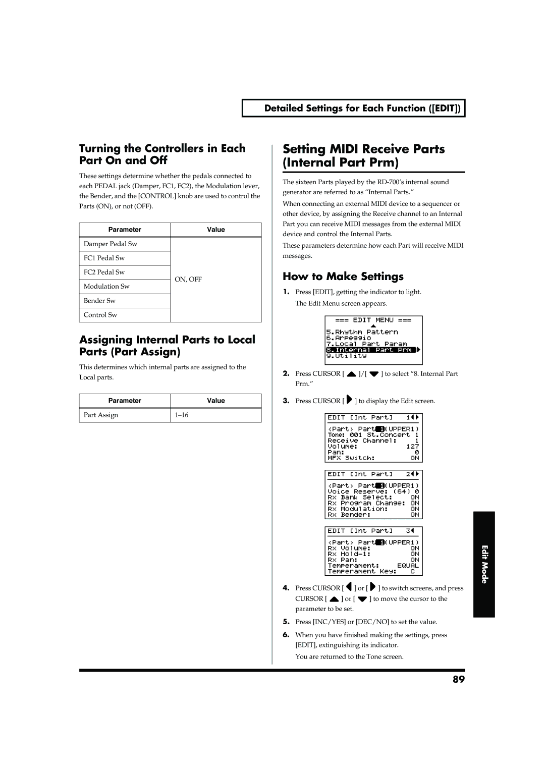 Roland RD-700 owner manual Setting Midi Receive Parts Internal Part Prm, Turning the Controllers in Each Part On and Off 