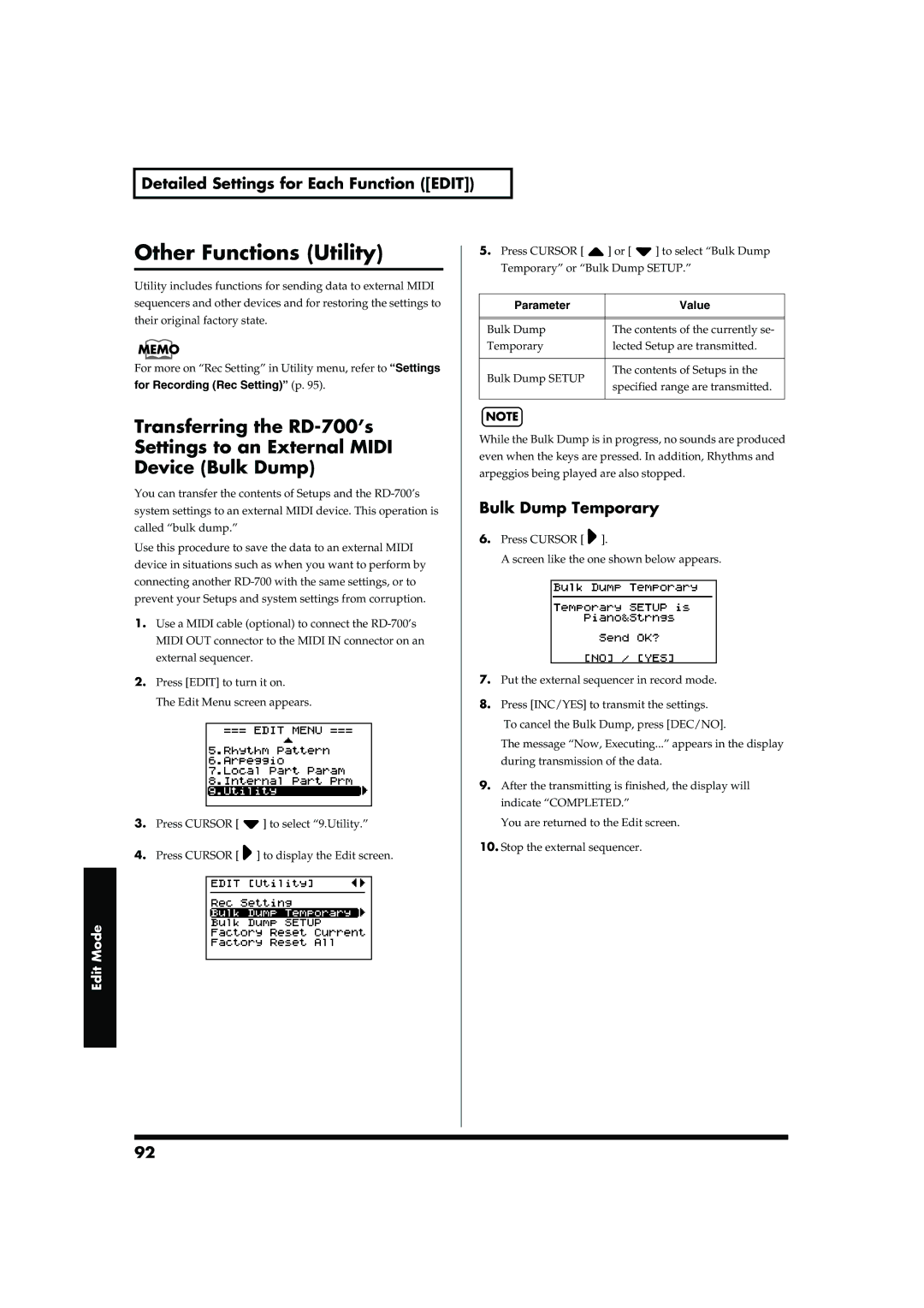 Roland owner manual Other Functions Utility, Transferring the RD-700’s, Settings to an External Midi, Device Bulk Dump 