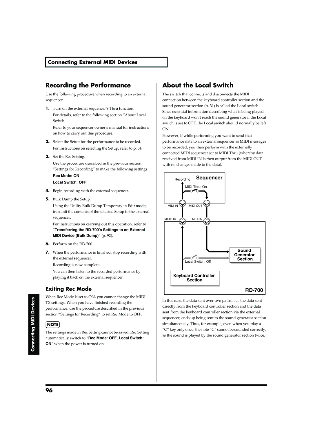 Roland RD-700 Recording the Performance, About the Local Switch, Connecting External Midi Devices, Exiting Rec Mode 