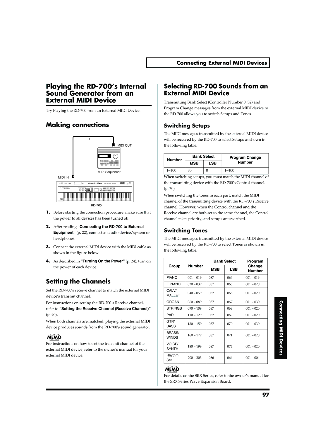 Roland Making connections, Setting the Channels, Selecting RD-700 Sounds from an External Midi Device, Switching Setups 