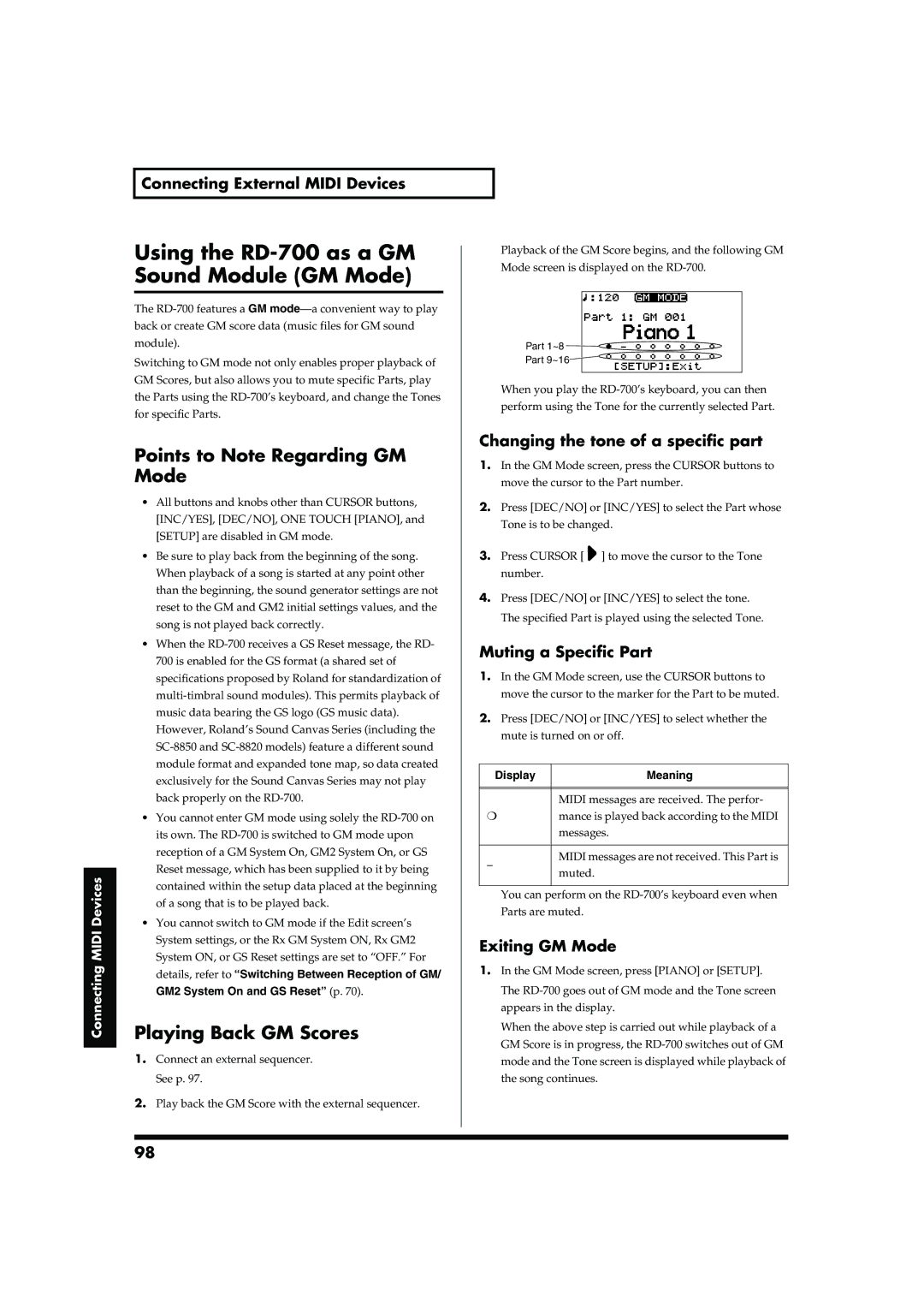 Roland Using the RD-700 as a GM Sound Module GM Mode, Points to Note Regarding GM Mode, Playing Back GM Scores 