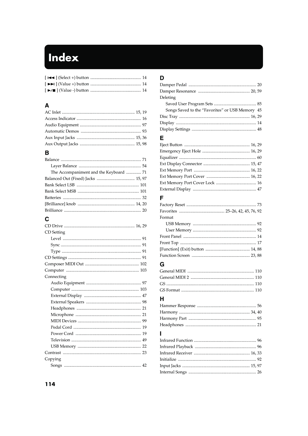 Roland RG-7 manual Index, 114 