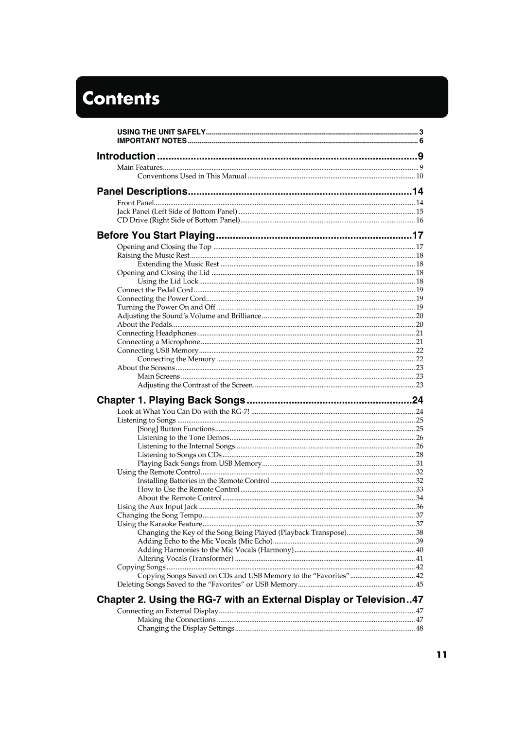 Roland RG-7 manual Contents 