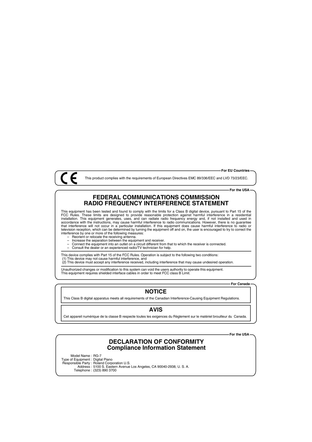 Roland RG-7 manual Compliance Information Statement, For EU Countries 