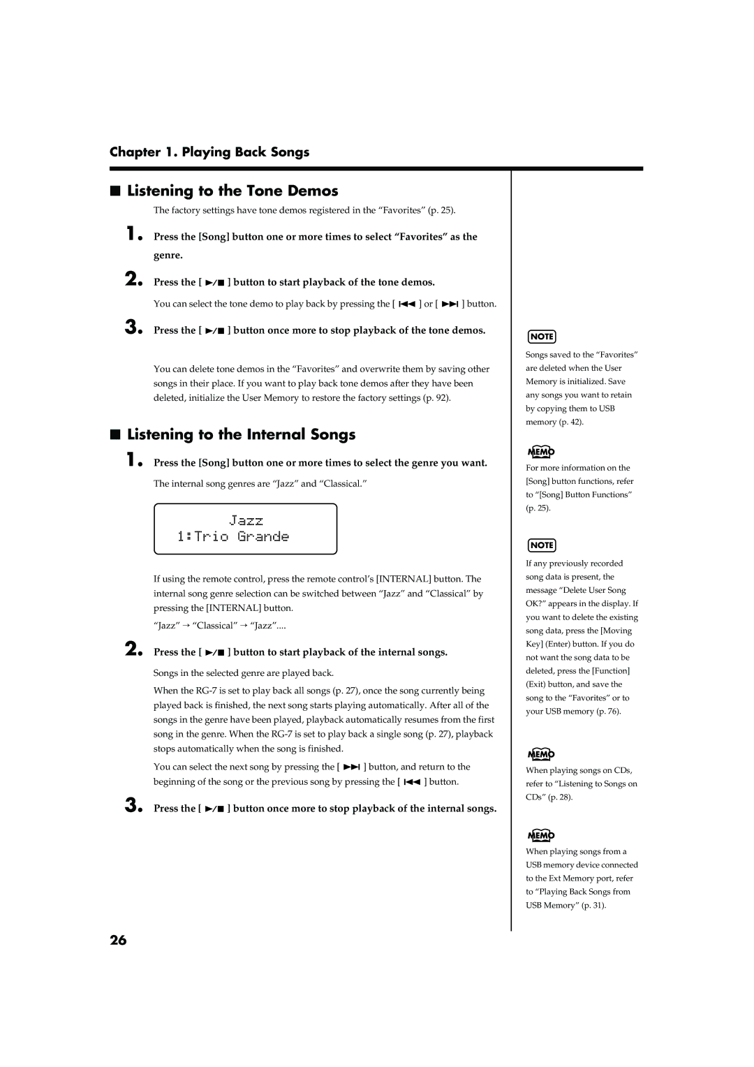 Roland RG-7 manual Listening to the Tone Demos, Listening to the Internal Songs 