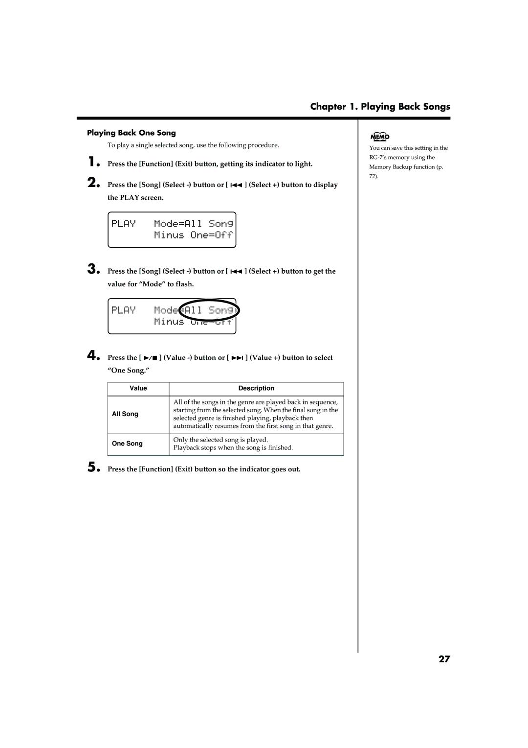 Roland RG-7 manual Playing Back One Song, Value Description, All Song 