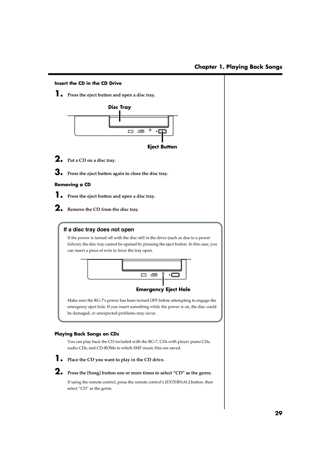 Roland RG-7 manual If a disc tray does not open, Insert the CD in the CD Drive, Removing a CD, Playing Back Songs on CDs 