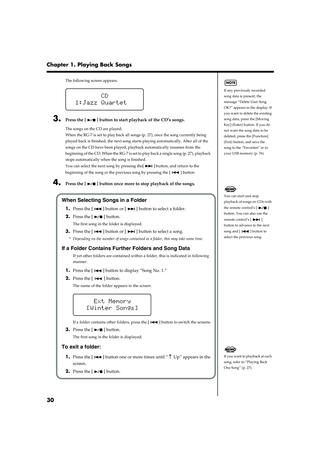 Roland RG-7 manual When Selecting Songs in a Folder, If a Folder Contains Further Folders and Song Data, To exit a folder 