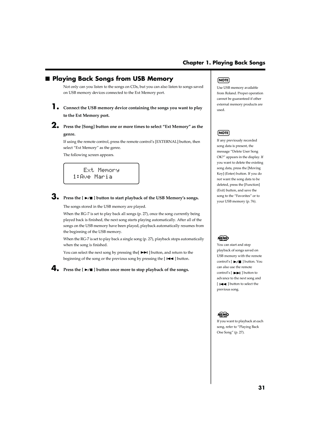 Roland RG-7 manual Playing Back Songs from USB Memory 