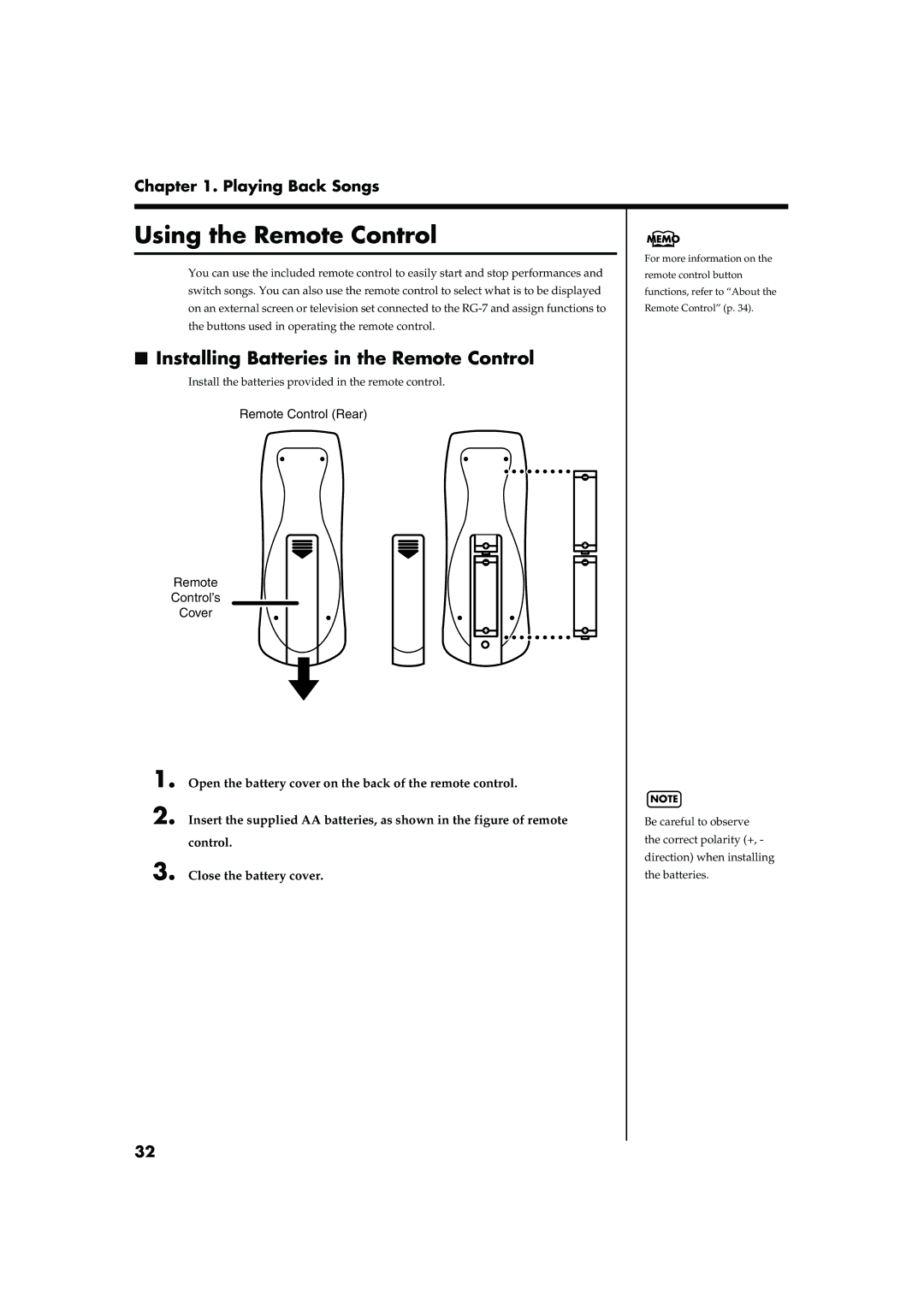 Roland RG-7 manual Using the Remote Control, Installing Batteries in the Remote Control 