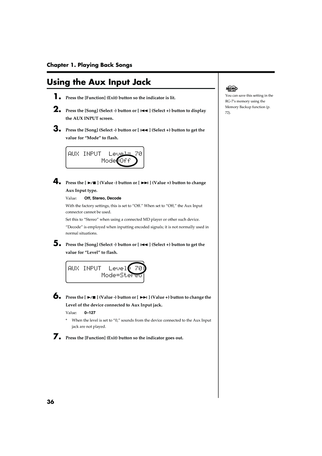 Roland RG-7 manual Using the Aux Input Jack, Value Off, Stereo, Decode 