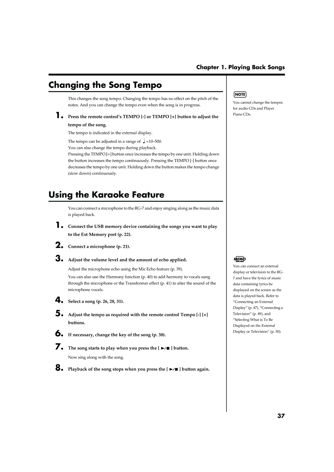 Roland RG-7 manual Changing the Song Tempo, Using the Karaoke Feature 