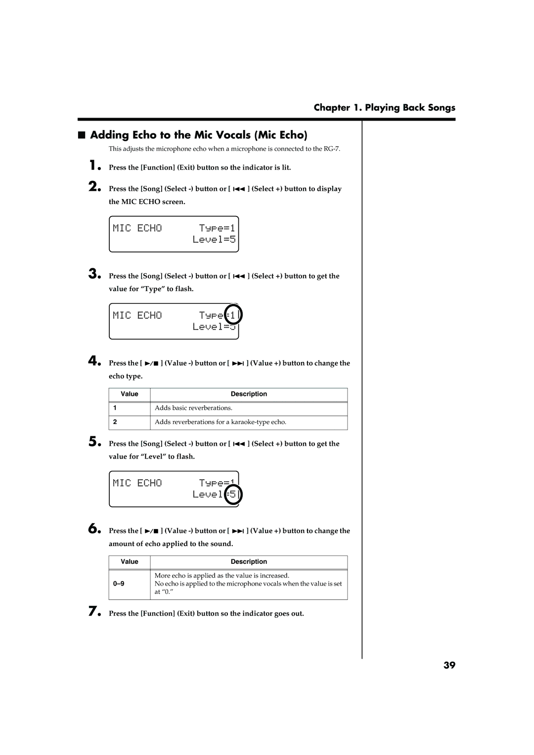 Roland RG-7 manual Adding Echo to the Mic Vocals Mic Echo, Value Description 