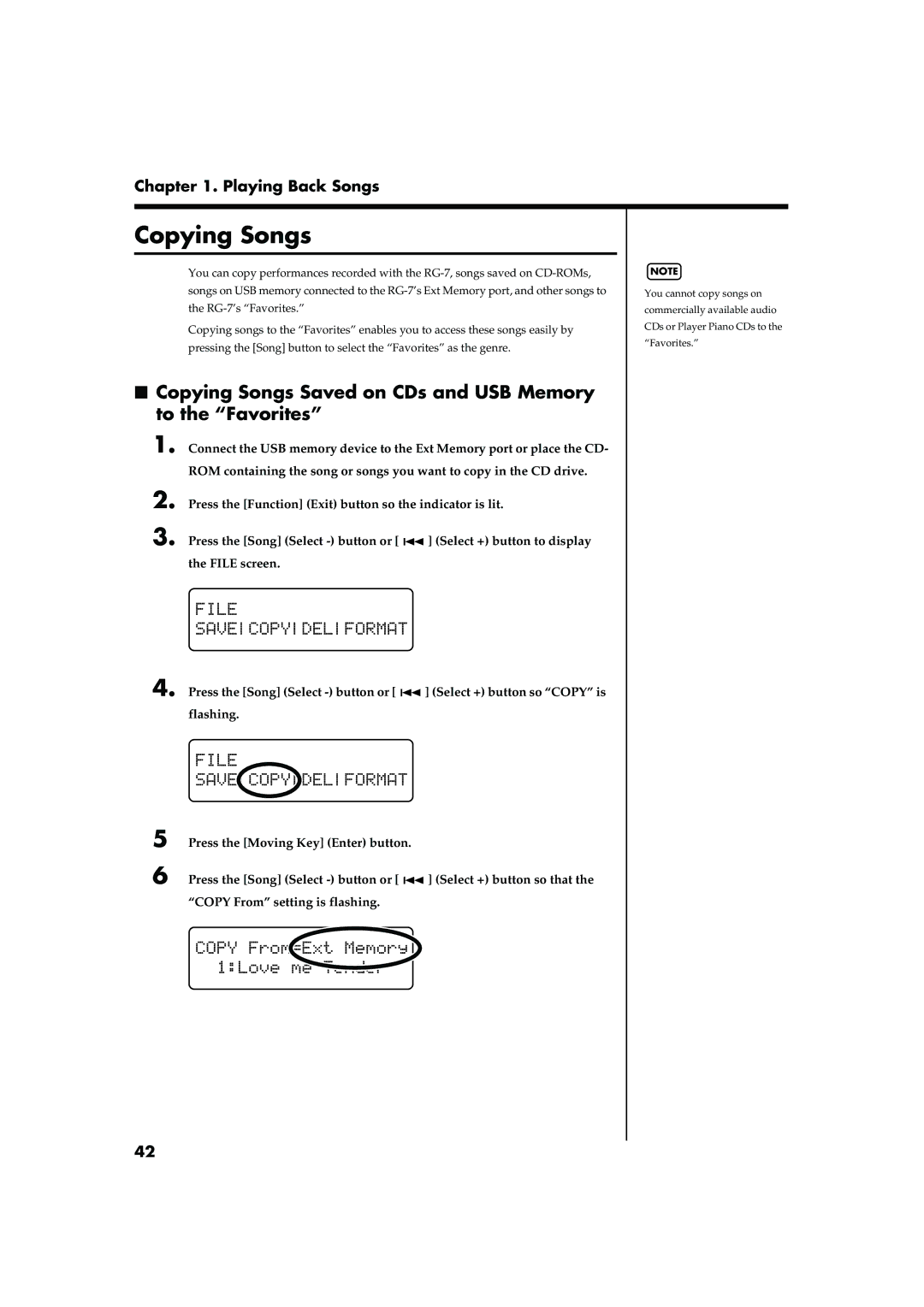 Roland RG-7 manual Copying Songs Saved on CDs and USB Memory to the Favorites 