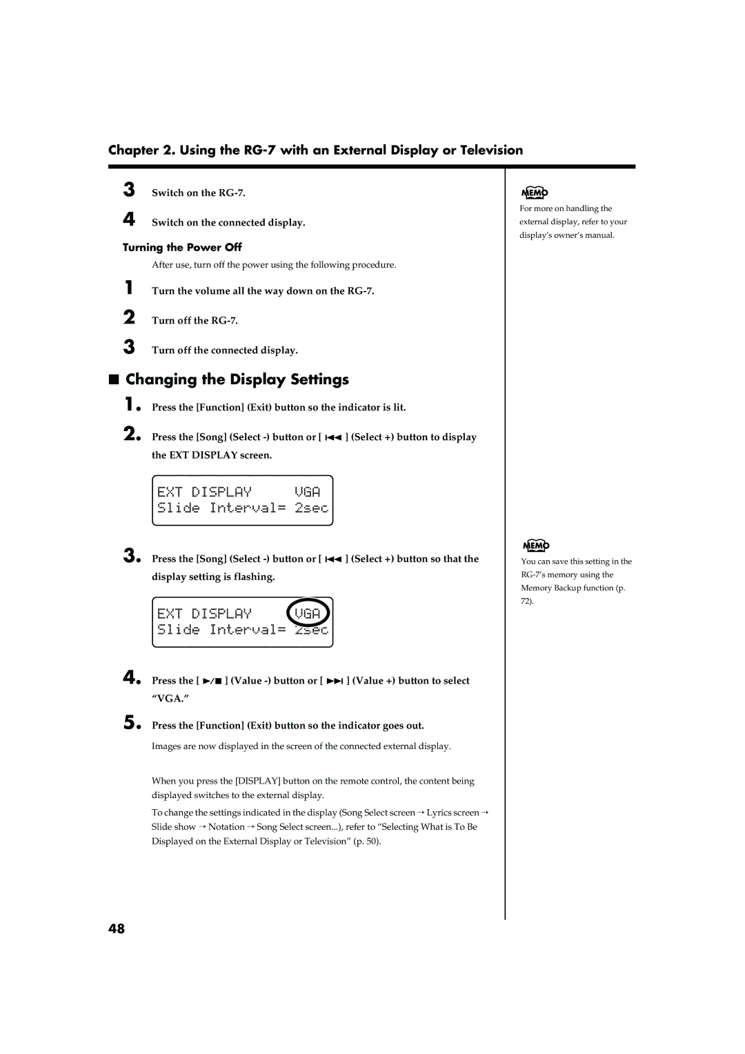 Roland Changing the Display Settings, Using the RG-7 with an External Display or Television, Turning the Power Off 