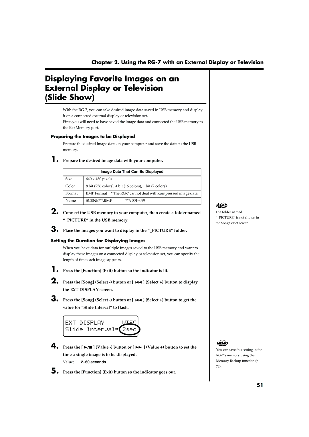 Roland RG-7 manual Preparing the Images to be Displayed, Setting the Duration for Displaying Images, Value 2-60 seconds 