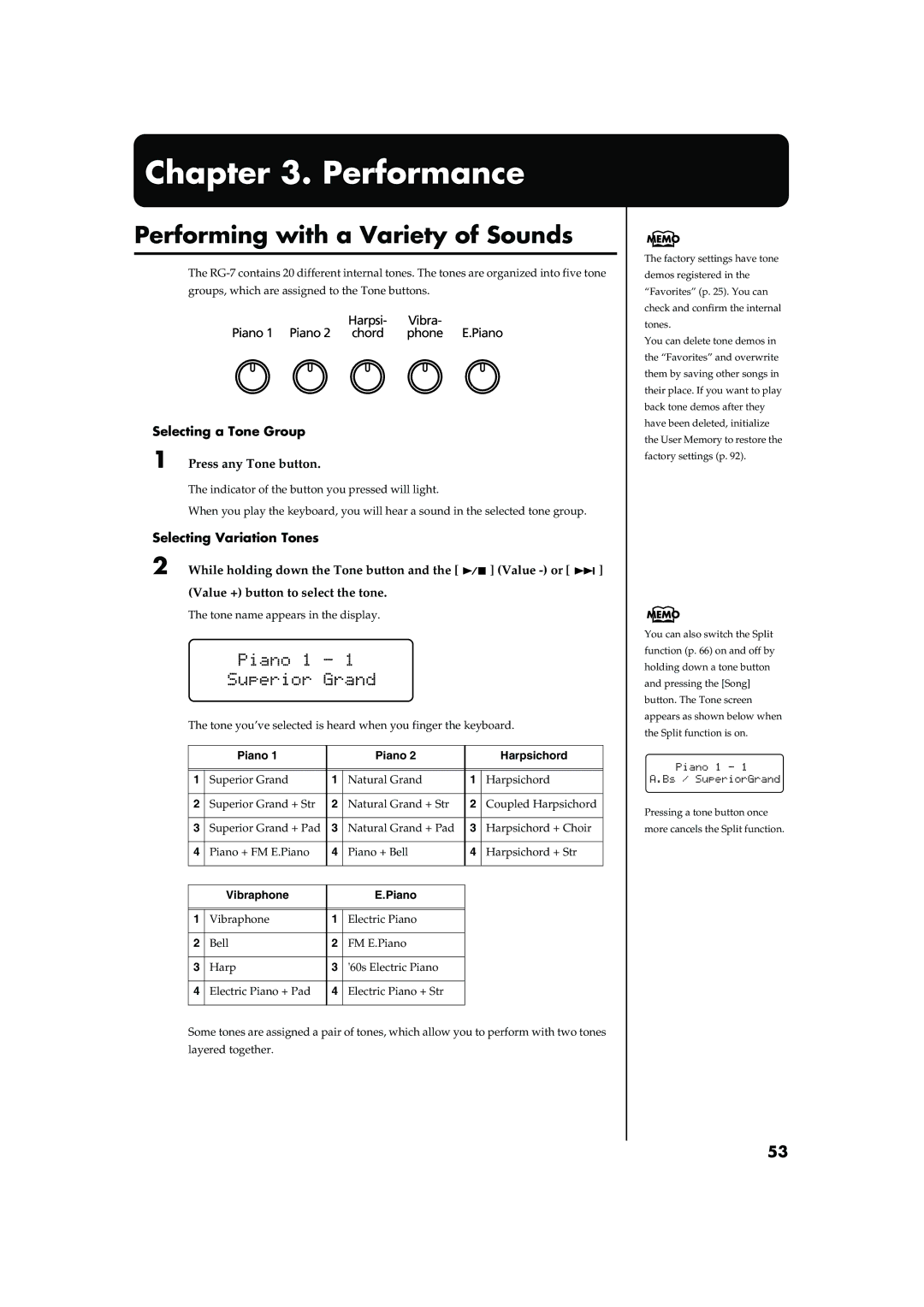 Roland RG-7 manual Performance, Performing with a Variety of Sounds, Selecting a Tone Group, Selecting Variation Tones 