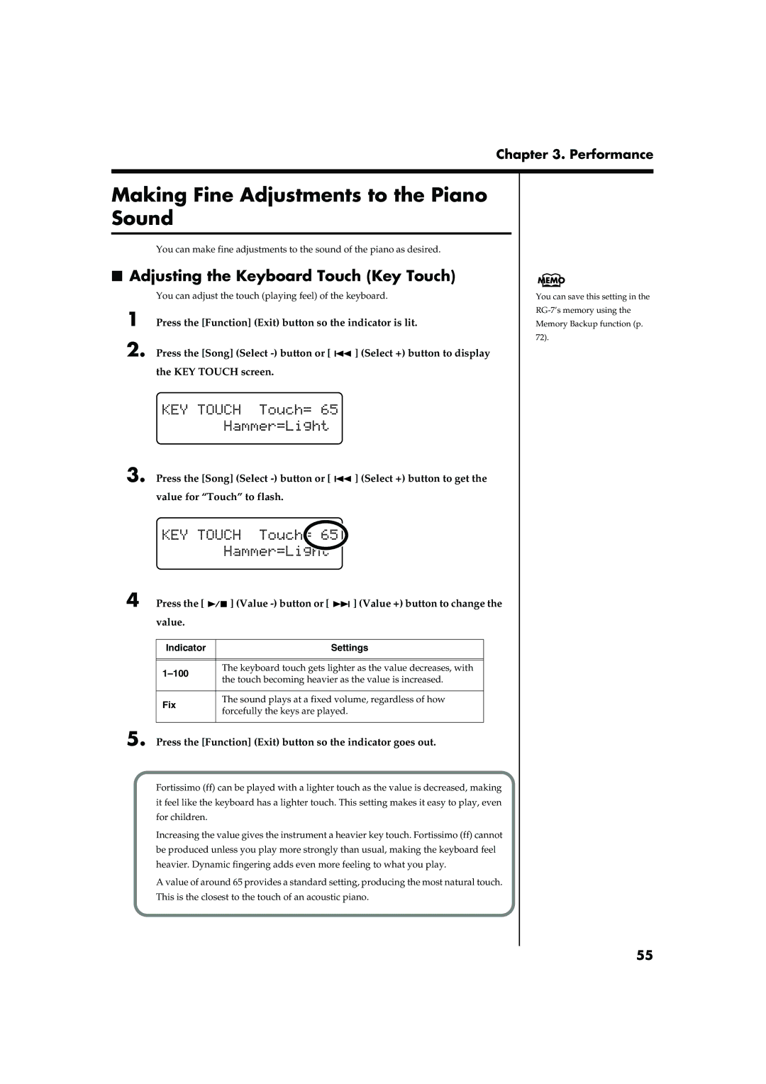 Roland RG-7 Making Fine Adjustments to the Piano Sound, Adjusting the Keyboard Touch Key Touch, Indicator Settings 100 