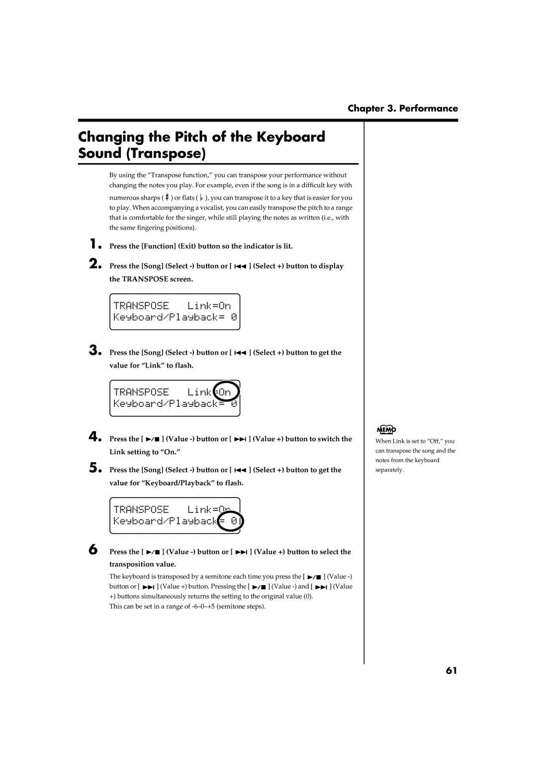 Roland RG-7 manual Changing the Pitch of the Keyboard Sound Transpose 