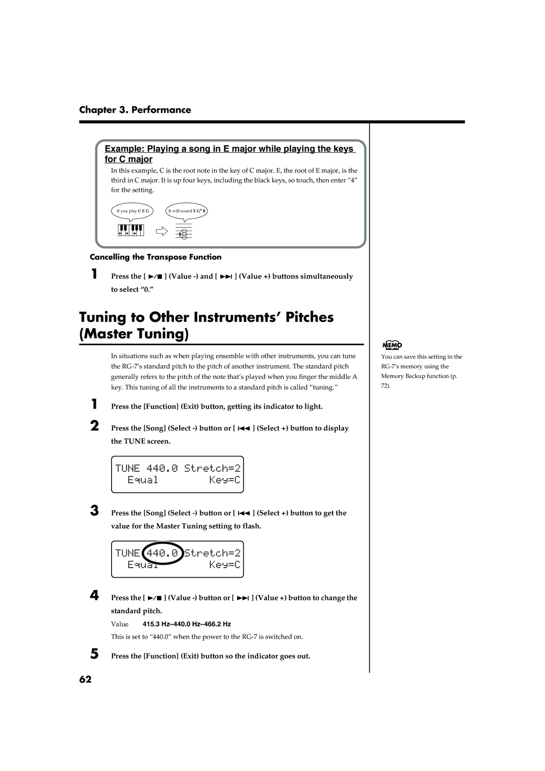 Roland RG-7 manual Tuning to Other Instruments’ Pitches Master Tuning, Cancelling the Transpose Function 