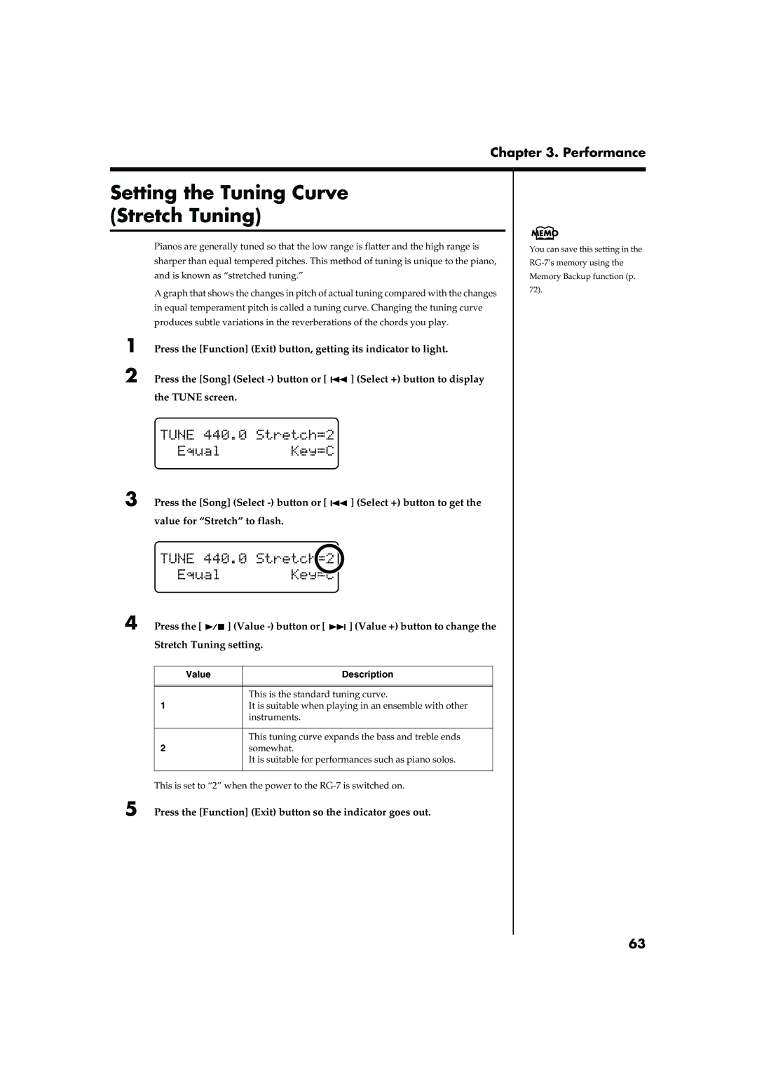 Roland RG-7 manual Setting the Tuning Curve Stretch Tuning, Value Description 