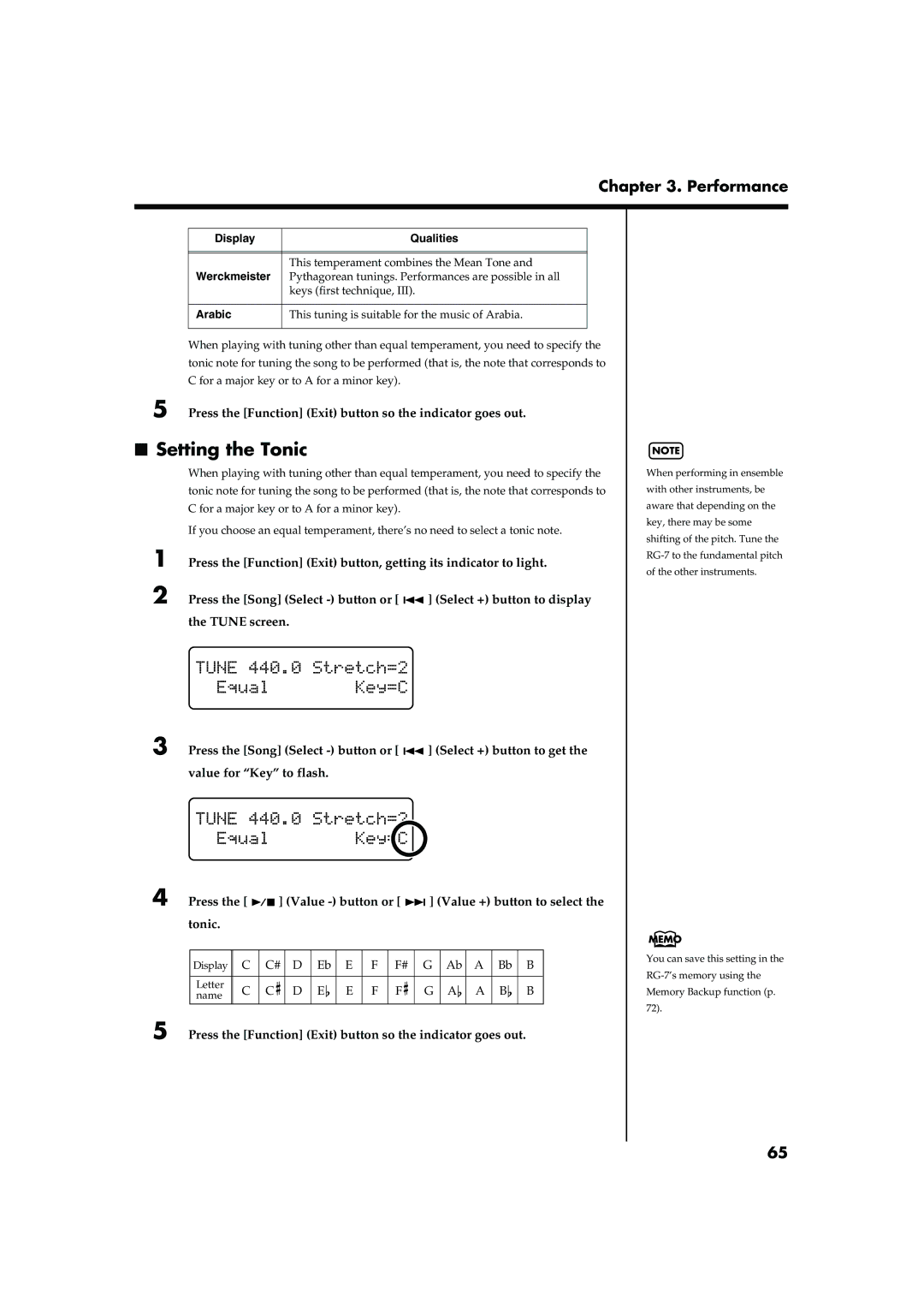 Roland RG-7 manual Setting the Tonic, Display Qualities Werckmeister, Arabic 